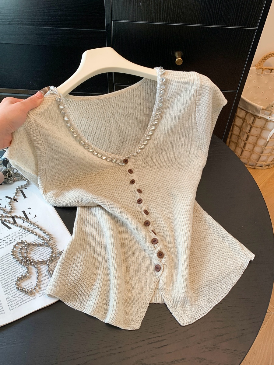 Women's V-Neck Rhinestone Knit Cardigan Short Sleeve Top Summer 2026