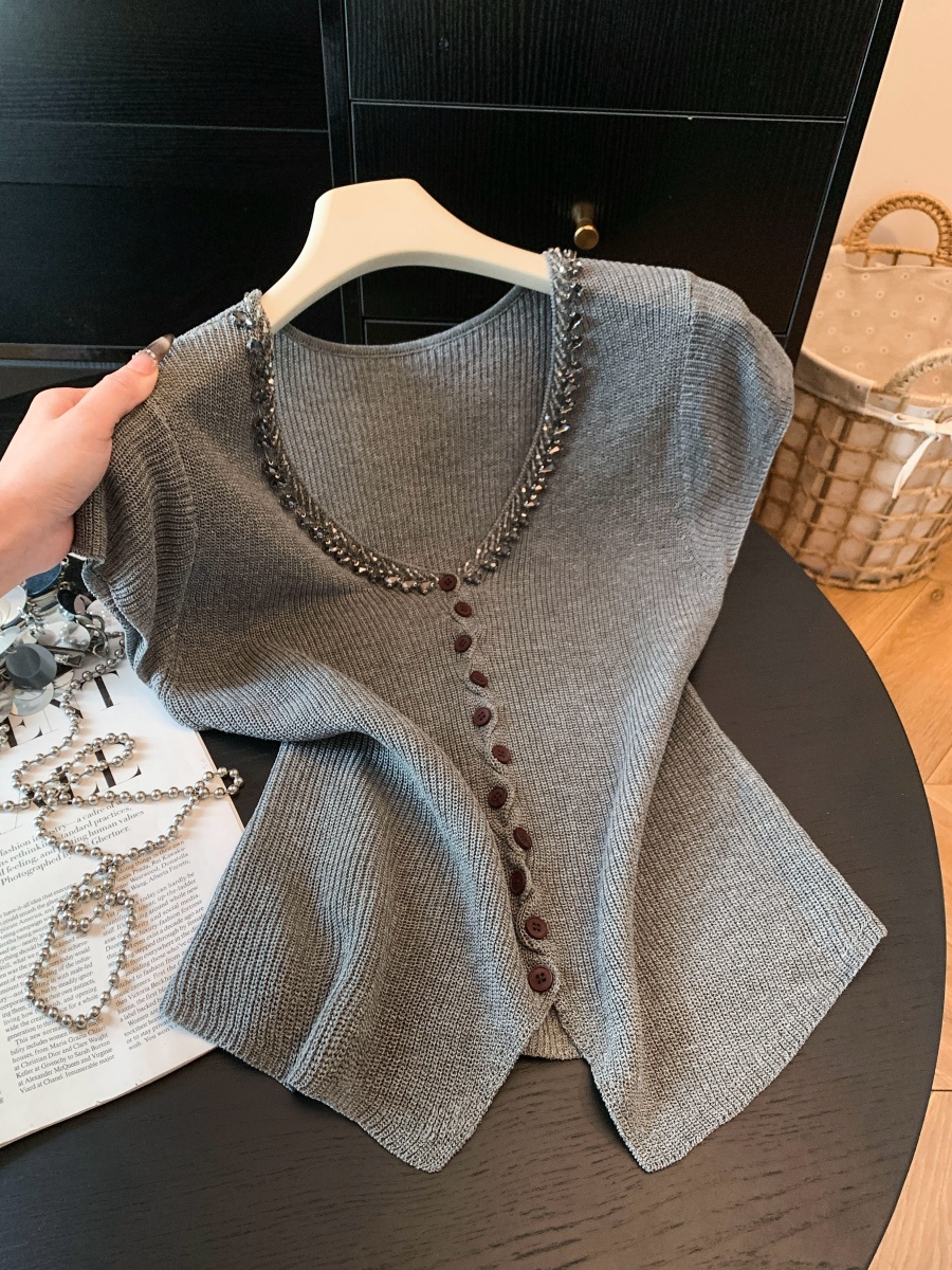 Women's V-Neck Rhinestone Knit Cardigan Short Sleeve Top Summer 2026 - Image 2