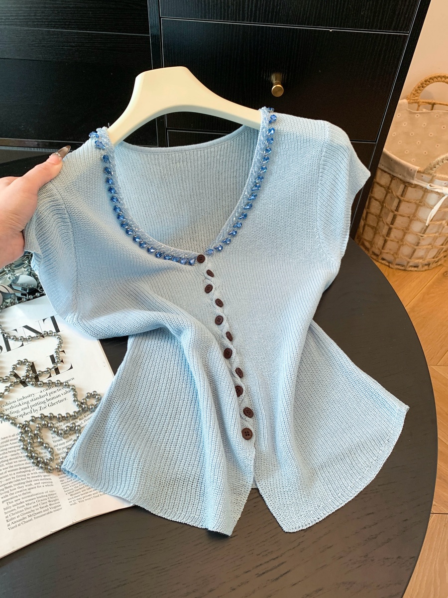 Women's V-Neck Rhinestone Knit Cardigan Short Sleeve Top Summer 2026 - Image 4