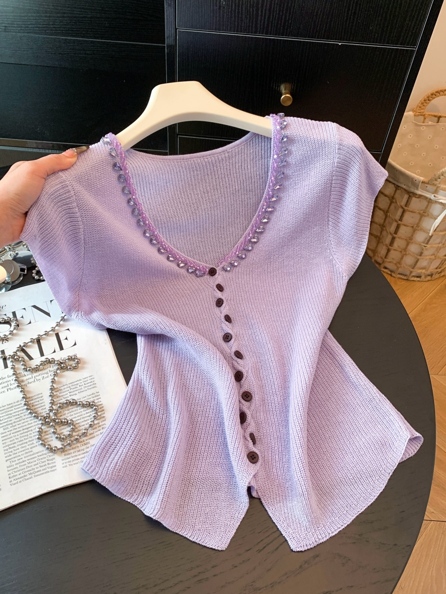Women's V-Neck Rhinestone Knit Cardigan Short Sleeve Top Summer 2026 - Image 3