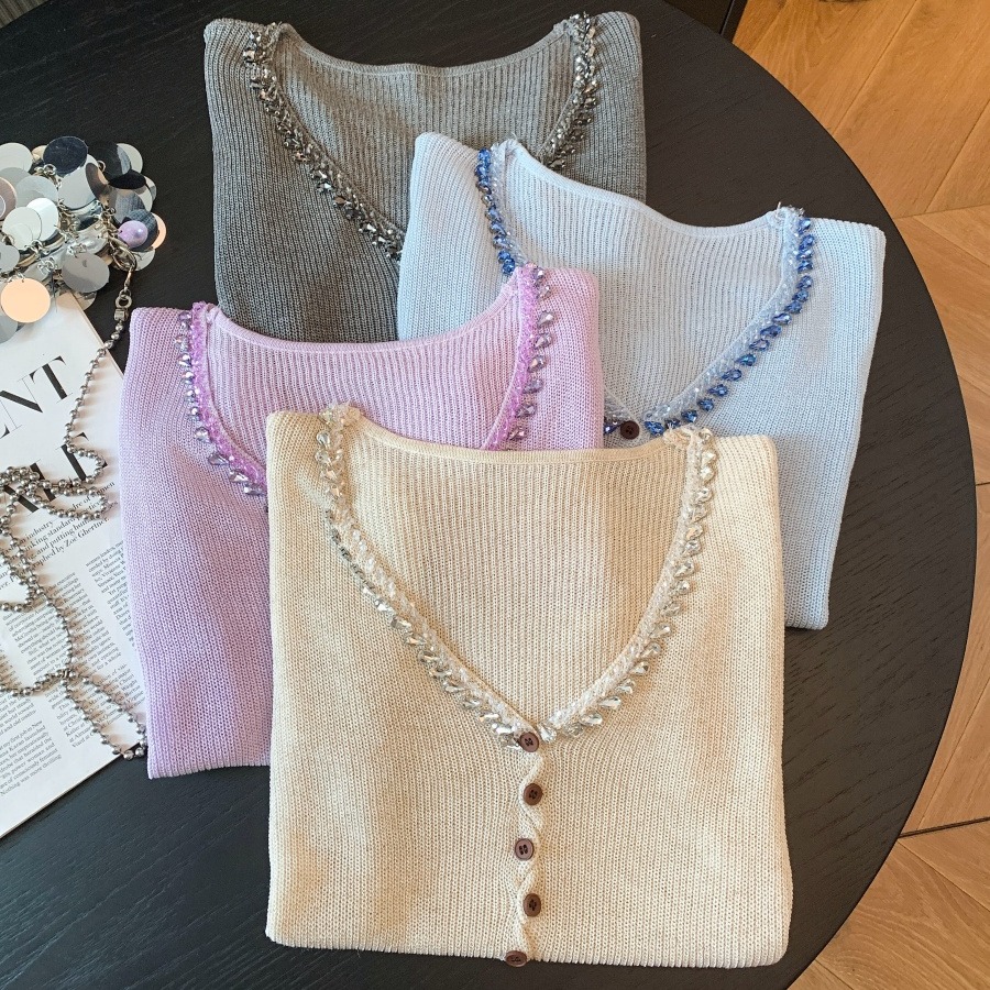 Women's V-Neck Rhinestone Knit Cardigan Short Sleeve Top Summer 2026 - Image 5