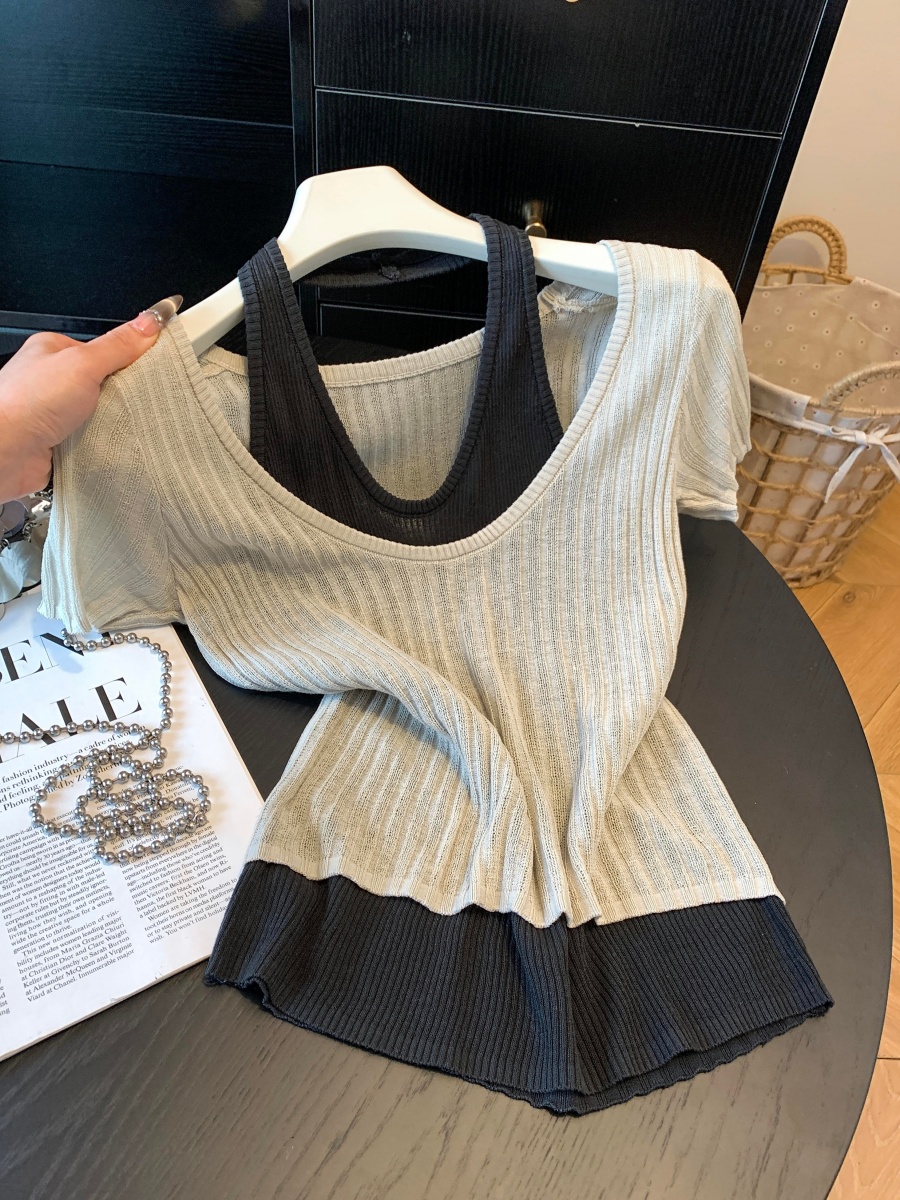 Women Summer 2026 Faux Two-Piece Color Block Short Sleeve Knit Top Slimming Halter Design - Image 2