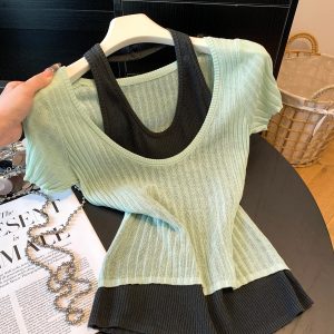 Women Summer 2026 Faux Two-Piece Color Block Short Sleeve Knit Top Slimming Halter Design