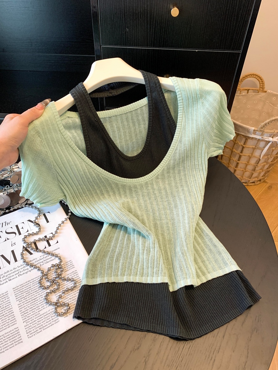 Women Summer 2026 Faux Two-Piece Color Block Short Sleeve Knit Top Slimming Halter Design