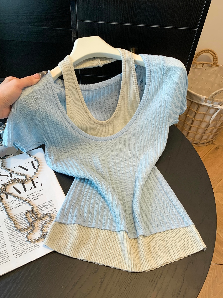 Women Summer 2026 Faux Two-Piece Color Block Short Sleeve Knit Top Slimming Halter Design - Image 3