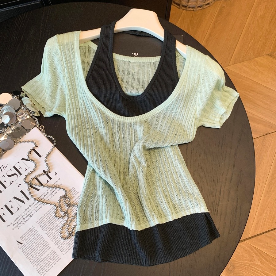 Women Summer 2026 Faux Two-Piece Color Block Short Sleeve Knit Top Slimming Halter Design - Image 5