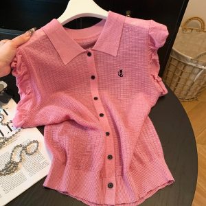 Summer New Fashion Polo Collar Sleeveless Vest Women Loose European Style Knit Cardigan Ice Silk Linen Thin Top