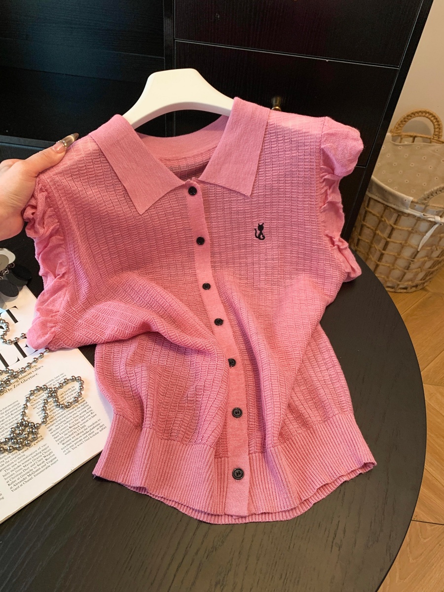 Summer New Fashion Polo Collar Sleeveless Vest Women Loose European Style Knit Cardigan Ice Silk Linen Thin Top