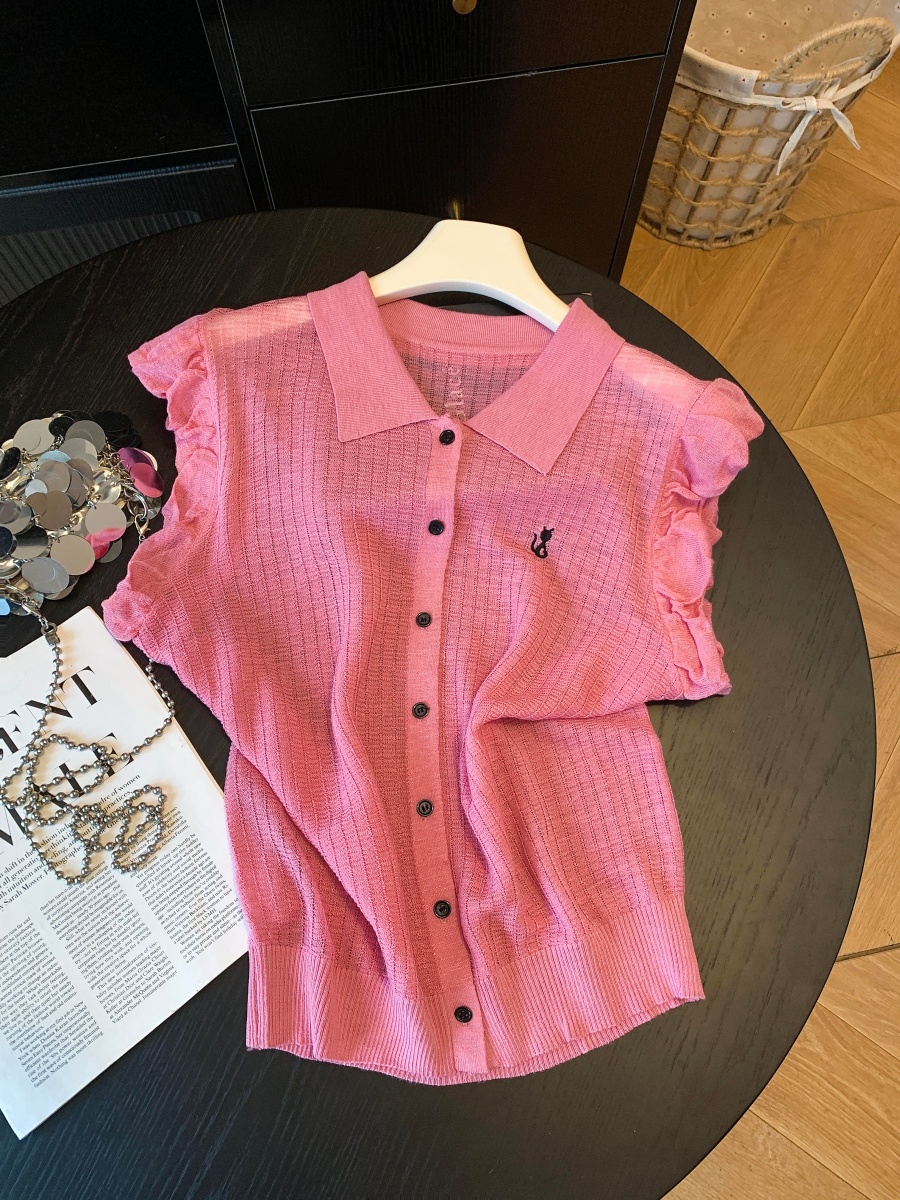 Summer New Fashion Polo Collar Sleeveless Vest Women Loose European Style Knit Cardigan Ice Silk Linen Thin Top - Image 3