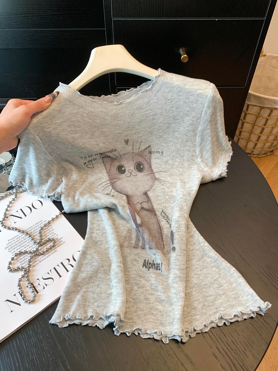 Sweet Cat Print Knit Short Sleeve T-Shirt for Women Summer Round Neck Ruffled Trim Slim Fit Unique Top - Image 2