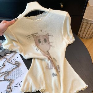 Sweet Cat Print Knit Short Sleeve T-Shirt for Women Summer Round Neck Ruffled Trim Slim Fit Unique Top