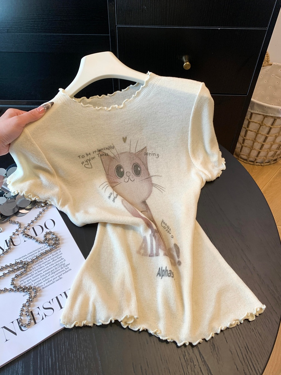 Sweet Cat Print Knit Short Sleeve T-Shirt for Women Summer Round Neck Ruffled Trim Slim Fit Unique Top