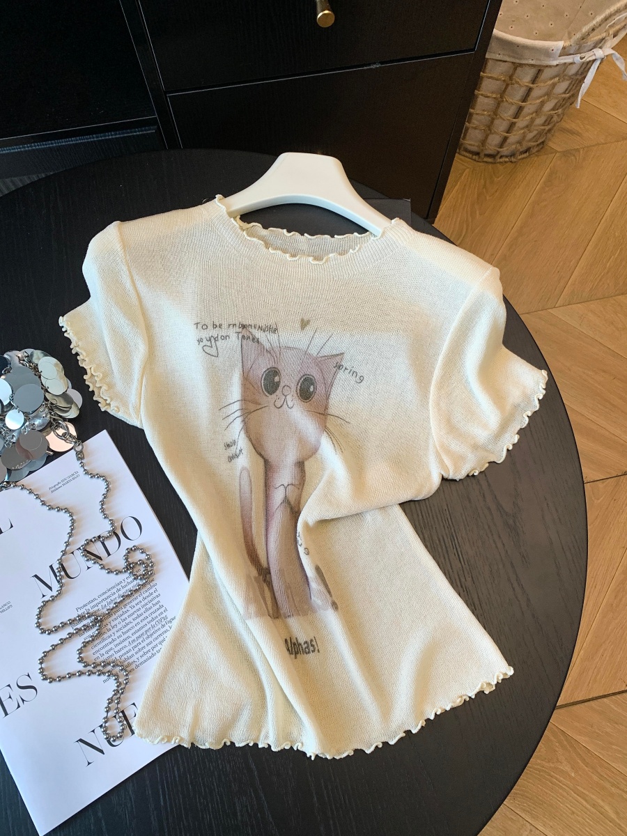 Sweet Cat Print Knit Short Sleeve T-Shirt for Women Summer Round Neck Ruffled Trim Slim Fit Unique Top - Image 3