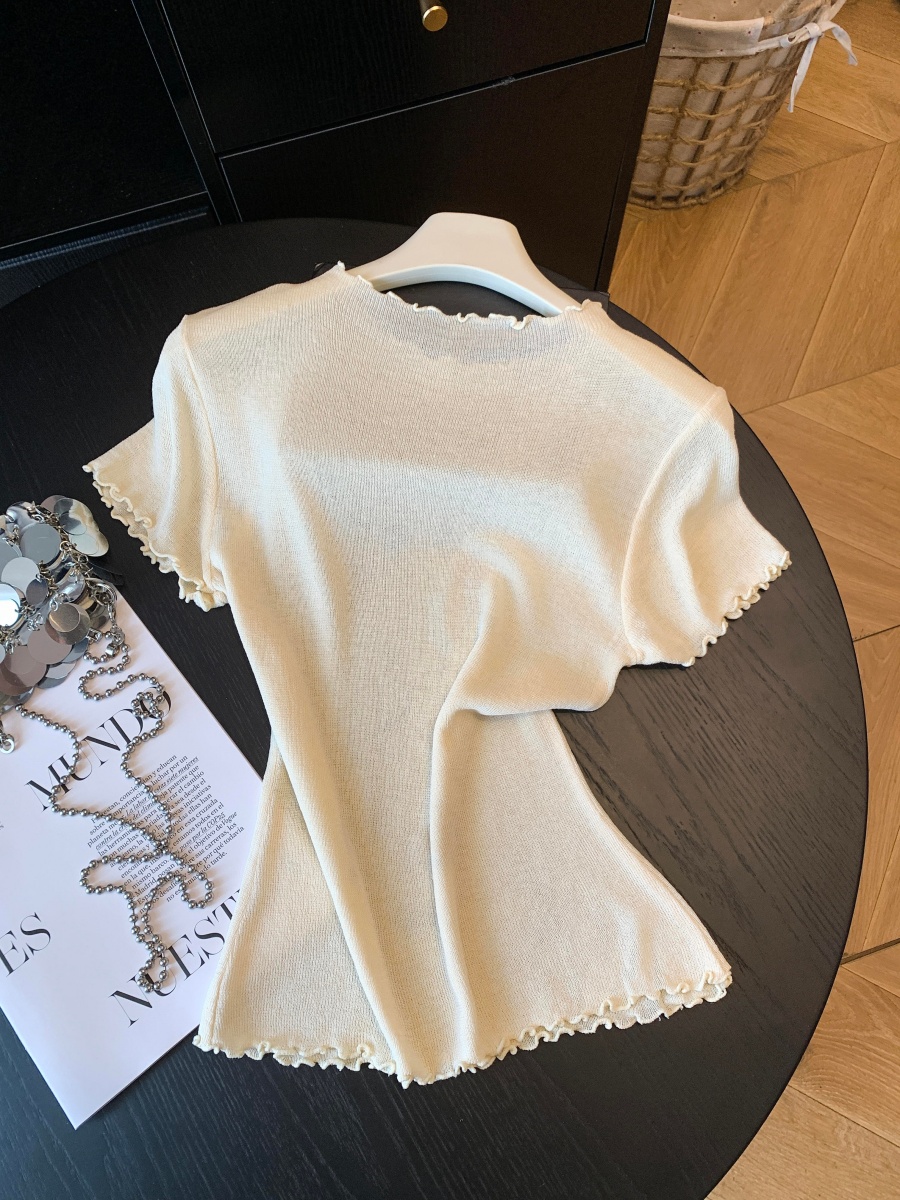Sweet Cat Print Knit Short Sleeve T-Shirt for Women Summer Round Neck Ruffled Trim Slim Fit Unique Top - Image 4