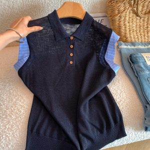 Women's Polo Collar Color Block Knit Vest Shirt Spliced Slimming Breathable Lightweight Top