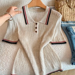 Summer Korean Style Color Block Striped Knit Polo Short Sleeve Loose Slimming T-Shirt Top