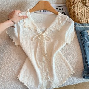 Women Summer Lace Ruffle Trim Collared Cardigan with Bow Ice Silk Knit Top
