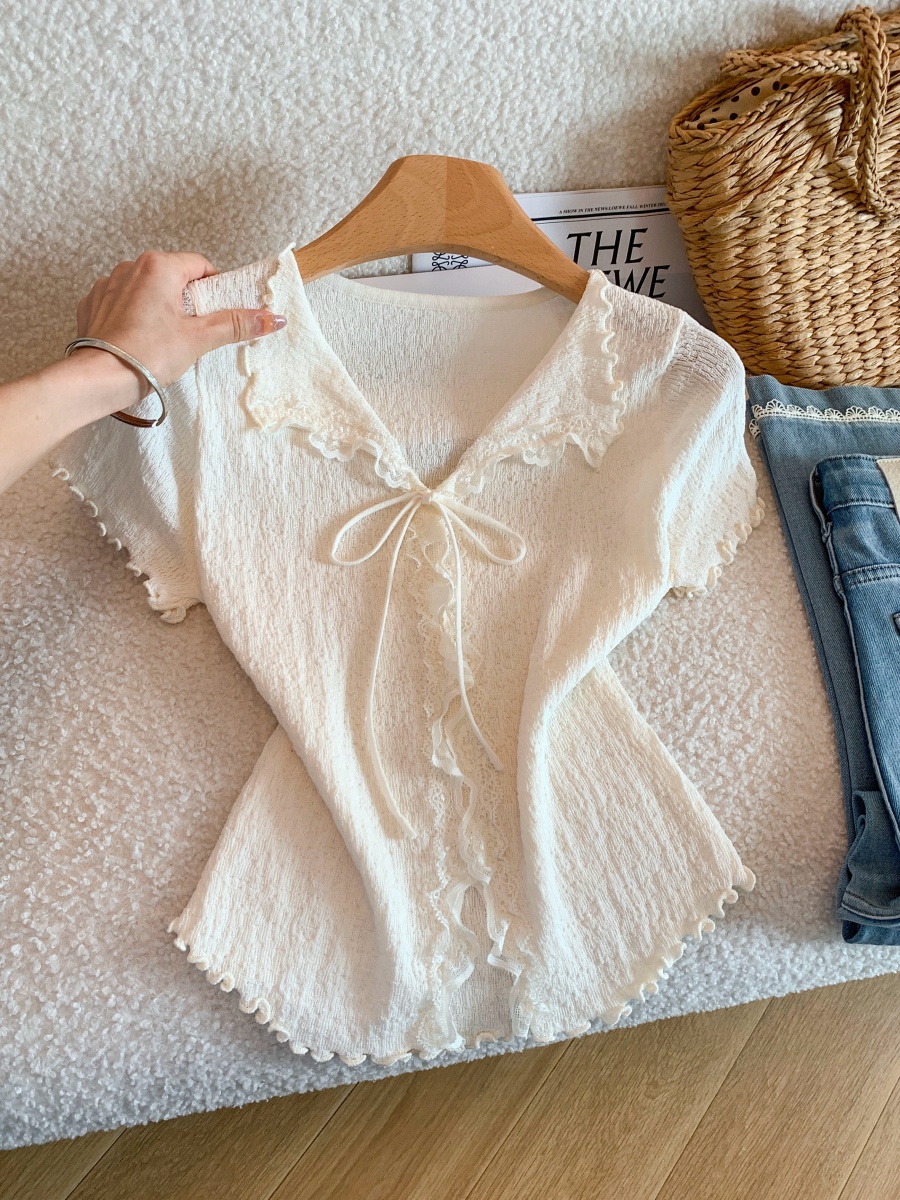 Women Summer Lace Ruffle Trim Collared Cardigan with Bow Ice Silk Knit Top