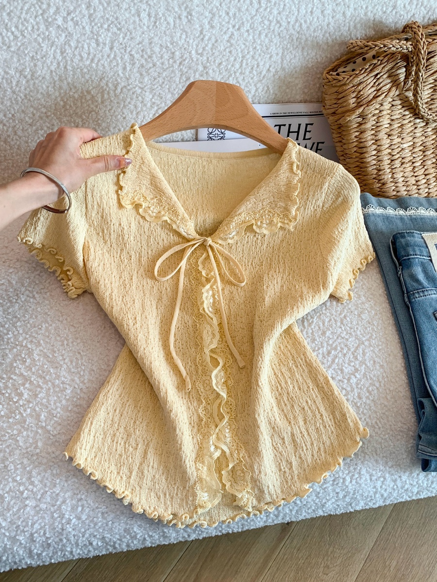Women Summer Lace Ruffle Trim Collared Cardigan with Bow Ice Silk Knit Top - Image 2