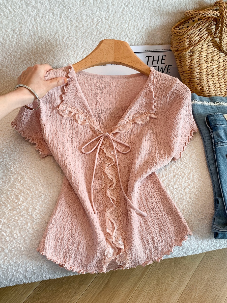 Women Summer Lace Ruffle Trim Collared Cardigan with Bow Ice Silk Knit Top - Image 3
