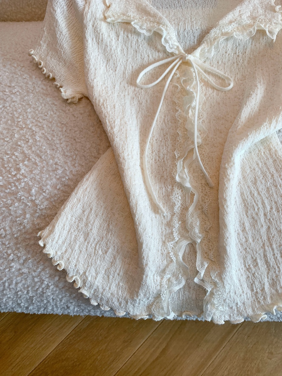Women Summer Lace Ruffle Trim Collared Cardigan with Bow Ice Silk Knit Top - Image 4