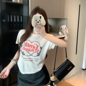 Retro Heart Print T-Shirt for Women Short Sleeve Casual Top
