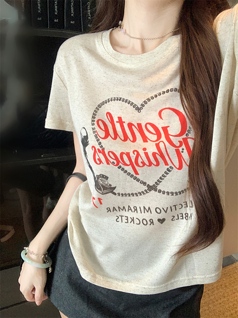 Retro Heart Print T-Shirt for Women Short Sleeve Casual Top - Image 2