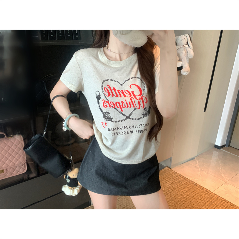 Retro Heart Print T-Shirt for Women Short Sleeve Casual Top - Image 3