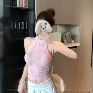Women's Sleeveless Cable Knit Halter Tank Top Slim Fit Summer