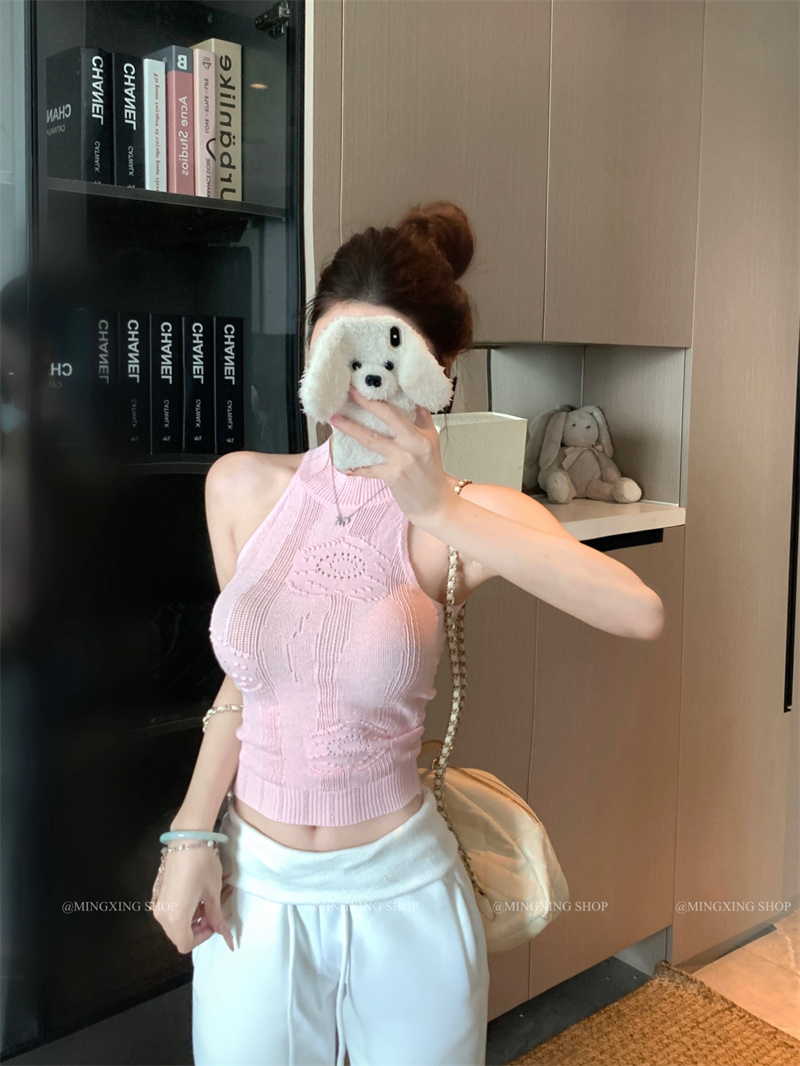 Women's Sleeveless Cable Knit Halter Tank Top Slim Fit Summer