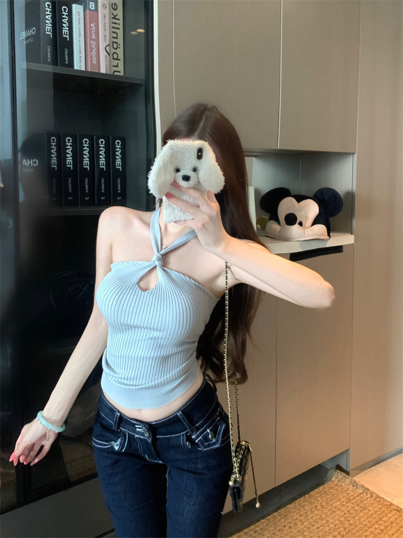 Women Summer Halter Waterdrop Cutout Cropped Cinched Tank Top