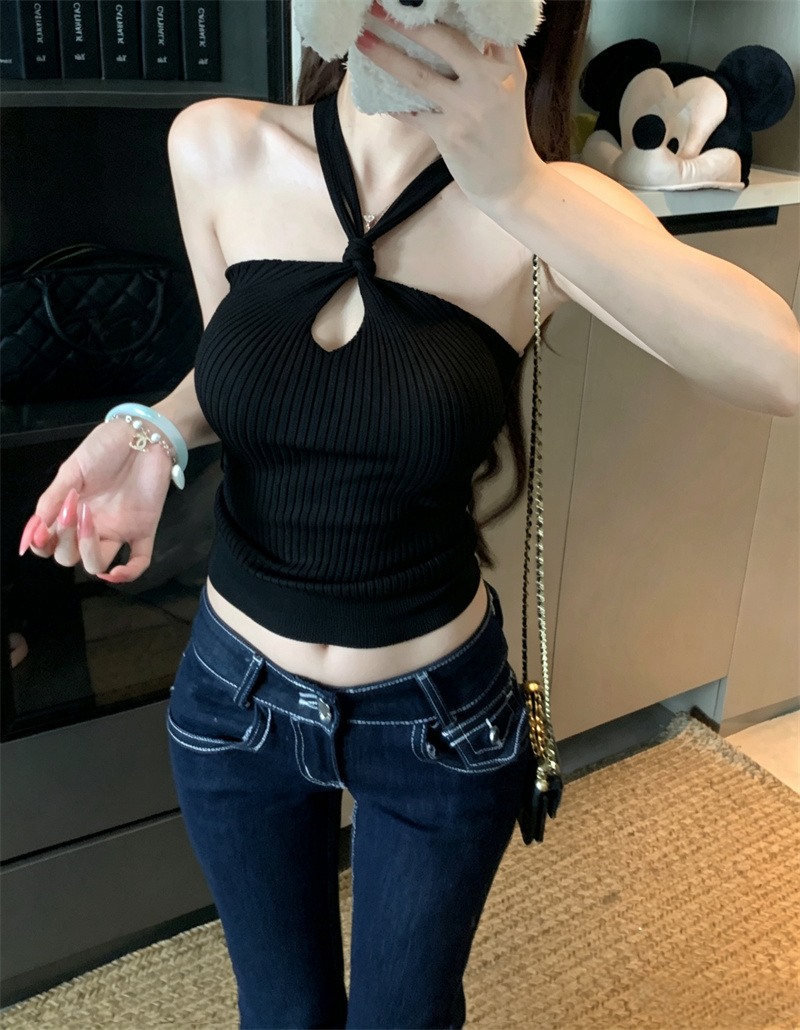 Women Summer Halter Waterdrop Cutout Cropped Cinched Tank Top - Image 2