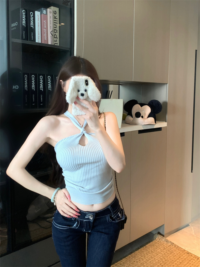 Women Summer Halter Waterdrop Cutout Cropped Cinched Tank Top - Image 3