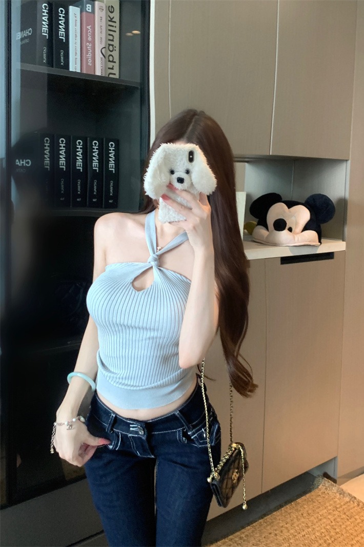 Women Summer Halter Waterdrop Cutout Cropped Cinched Tank Top - Image 5