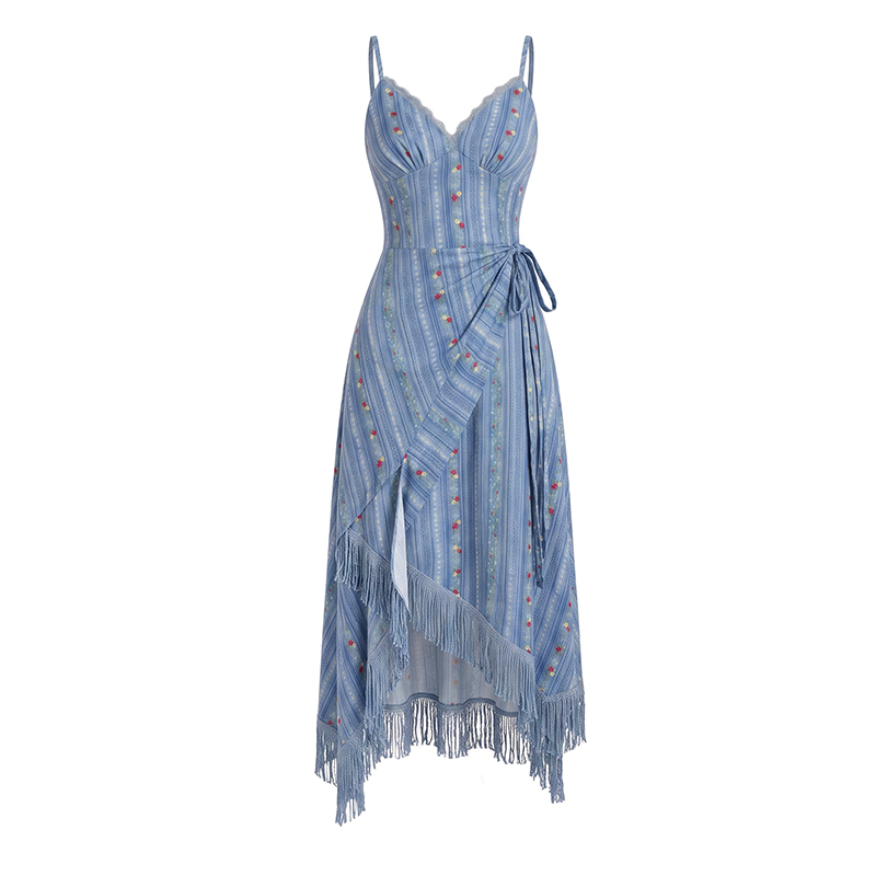 Original Design Unique Fringe Cami Dress Blue Summer Beach Vacation Dress - Image 5