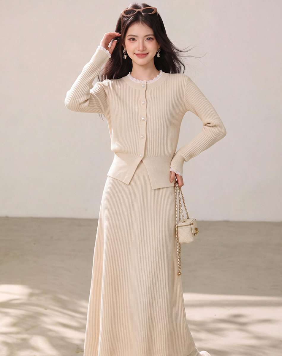Korean Style Gentle Two-Piece Knit Cardigan Sweater and Skirt Set 2026 Autumn Winter New Arrival