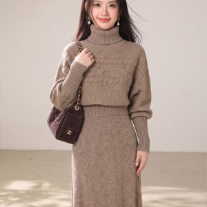 Lazy Two-Piece Knit Sweater Dress Set with Detachable High Neck