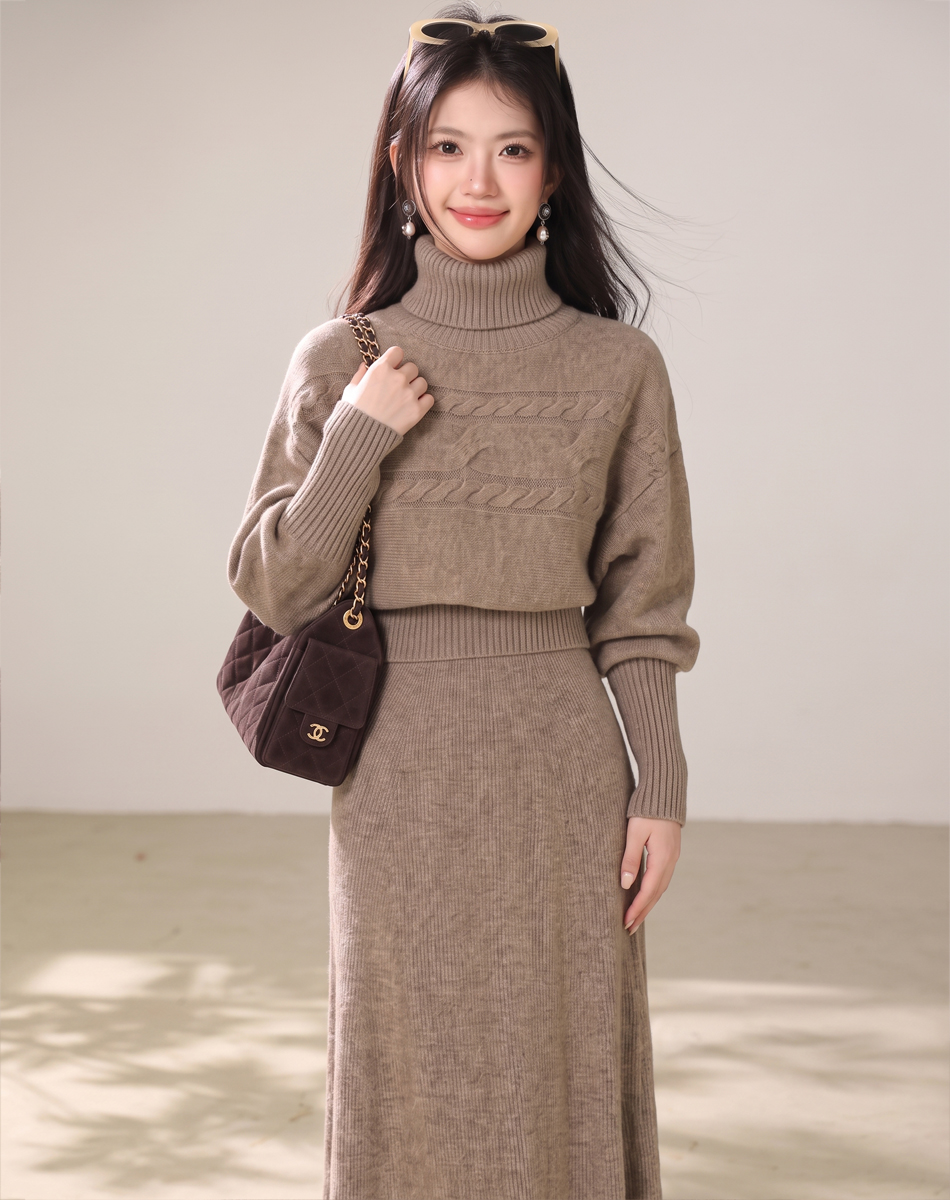 Lazy Two-Piece Knit Sweater Dress Set with Detachable High Neck