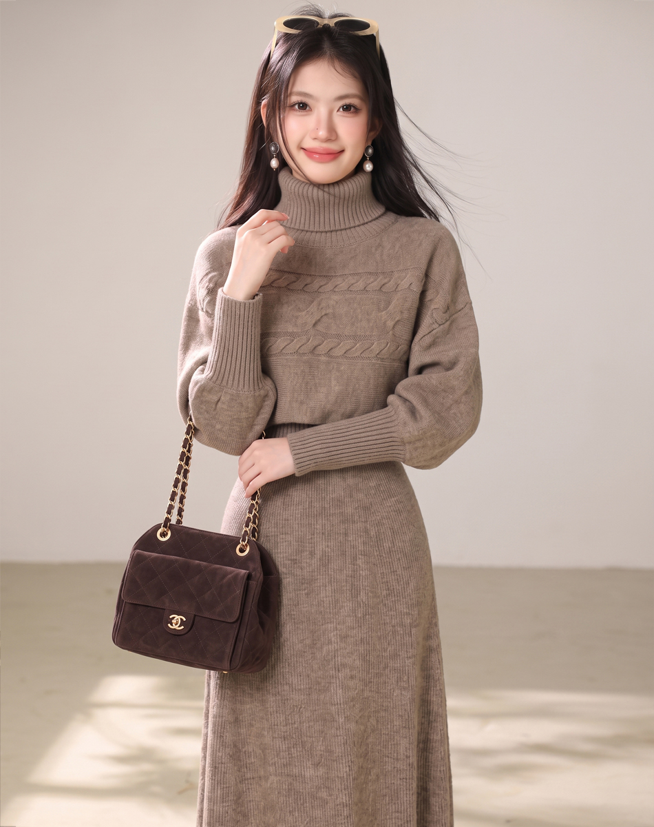 Lazy Two-Piece Knit Sweater Dress Set with Detachable High Neck - Image 3