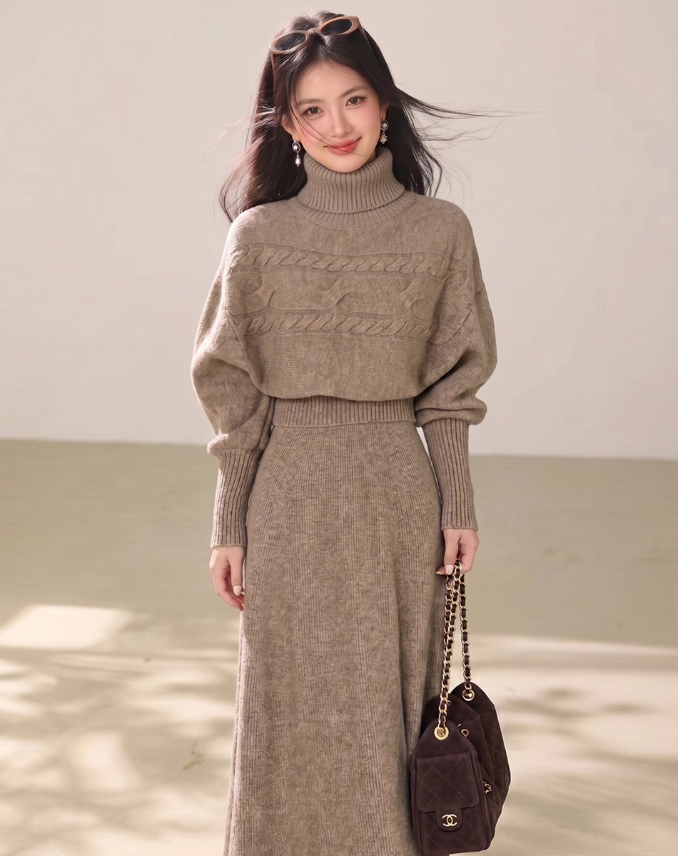 Lazy Two-Piece Knit Sweater Dress Set with Detachable High Neck - Image 4