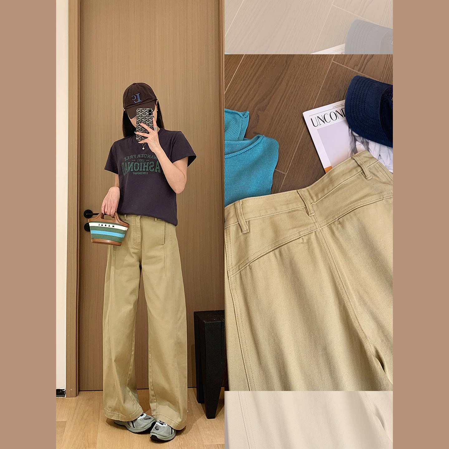 Women's Wide-Leg Casual Pants Light Khaki Polyester Woven - Image 4