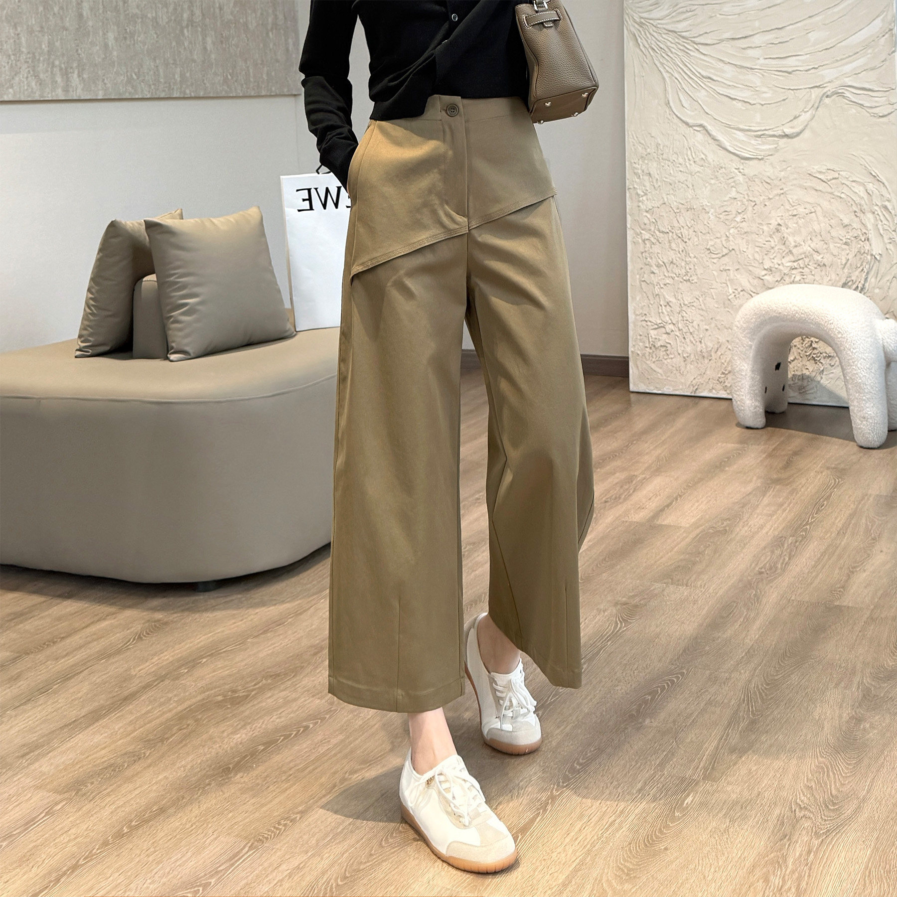 Women's Cropped Casual Pants with Diagonal Hem Design Wrinkle Resistant Polyester - Image 2