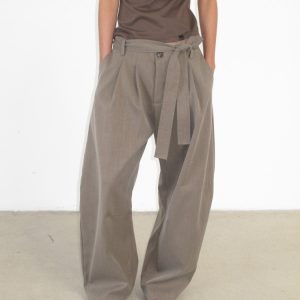 Women's Wide-Leg Casual Pants with Belt and Pleated Low-Rise Loose Fit