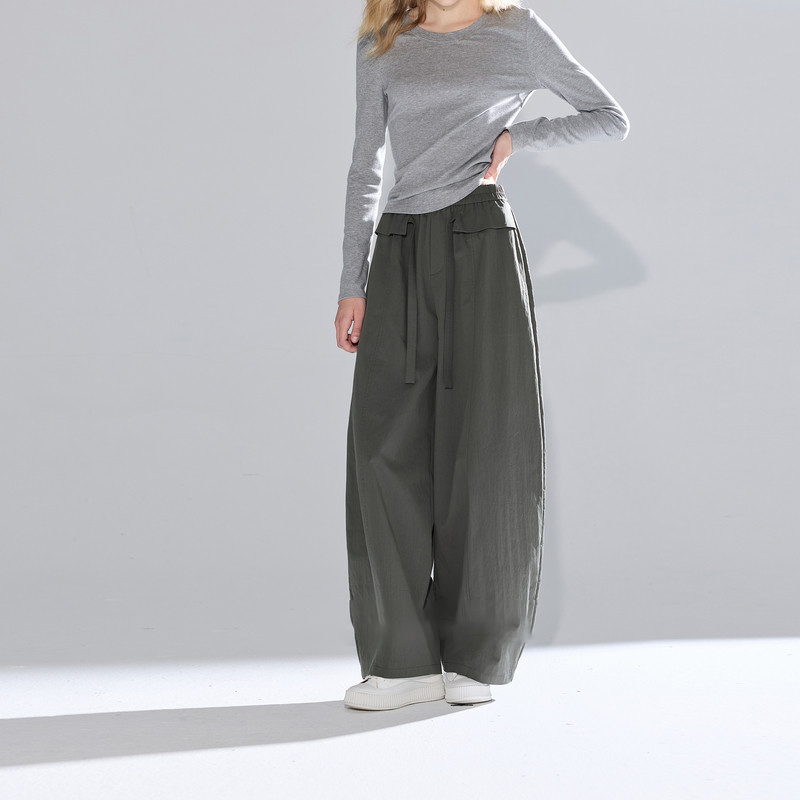 2026 Early Autumn New Casual Pants Elastic High Waist Ribbon Loose Balloon Pants Wide Leg Long Pants Women