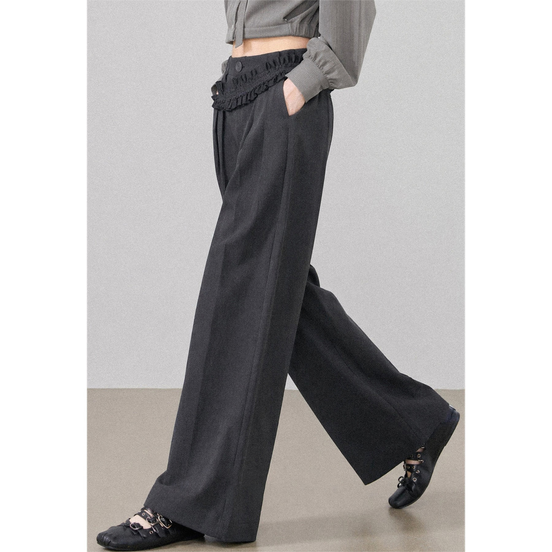 2026 Autumn New Gray High Waist Casual Pants Women Korean Style Design Niche Loose Suit Pants - Image 3